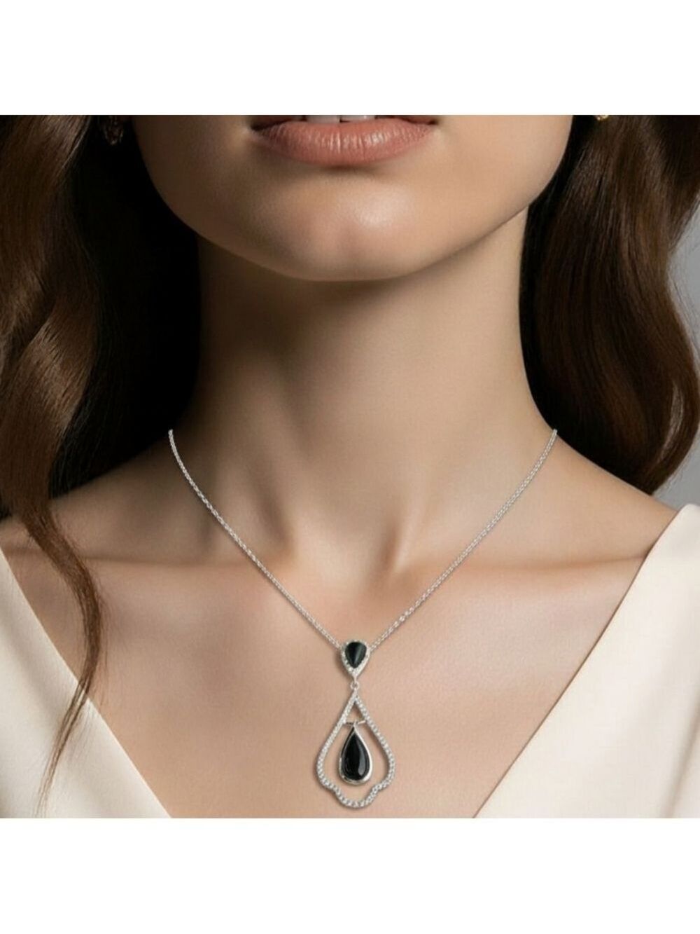 Black Onyx CZ Sterling Silver Pendant Necklace 🆕